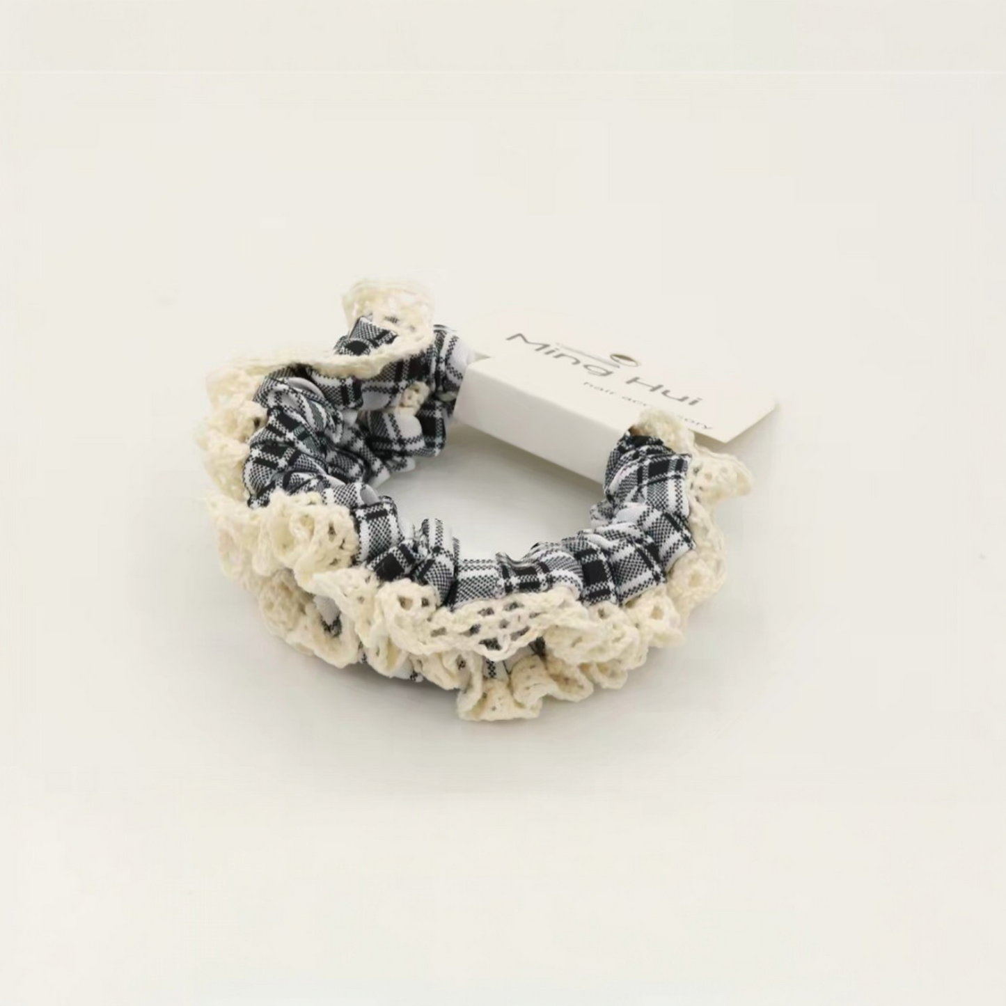 🌸甜美蕾絲格紋髮圈|雙色款(藍色/黑色)