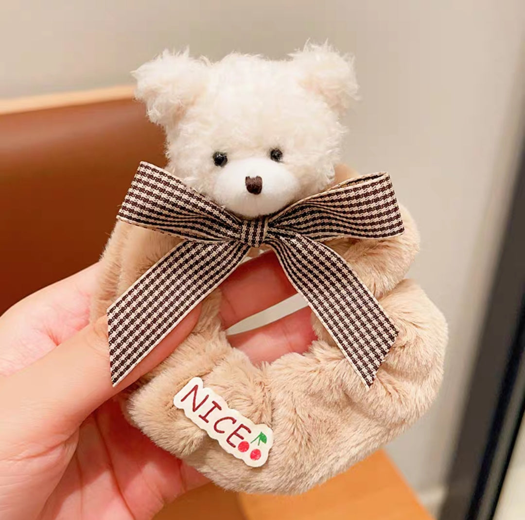 🎀 兔兔&熊熊可愛毛絨蝴蝶結髮圈