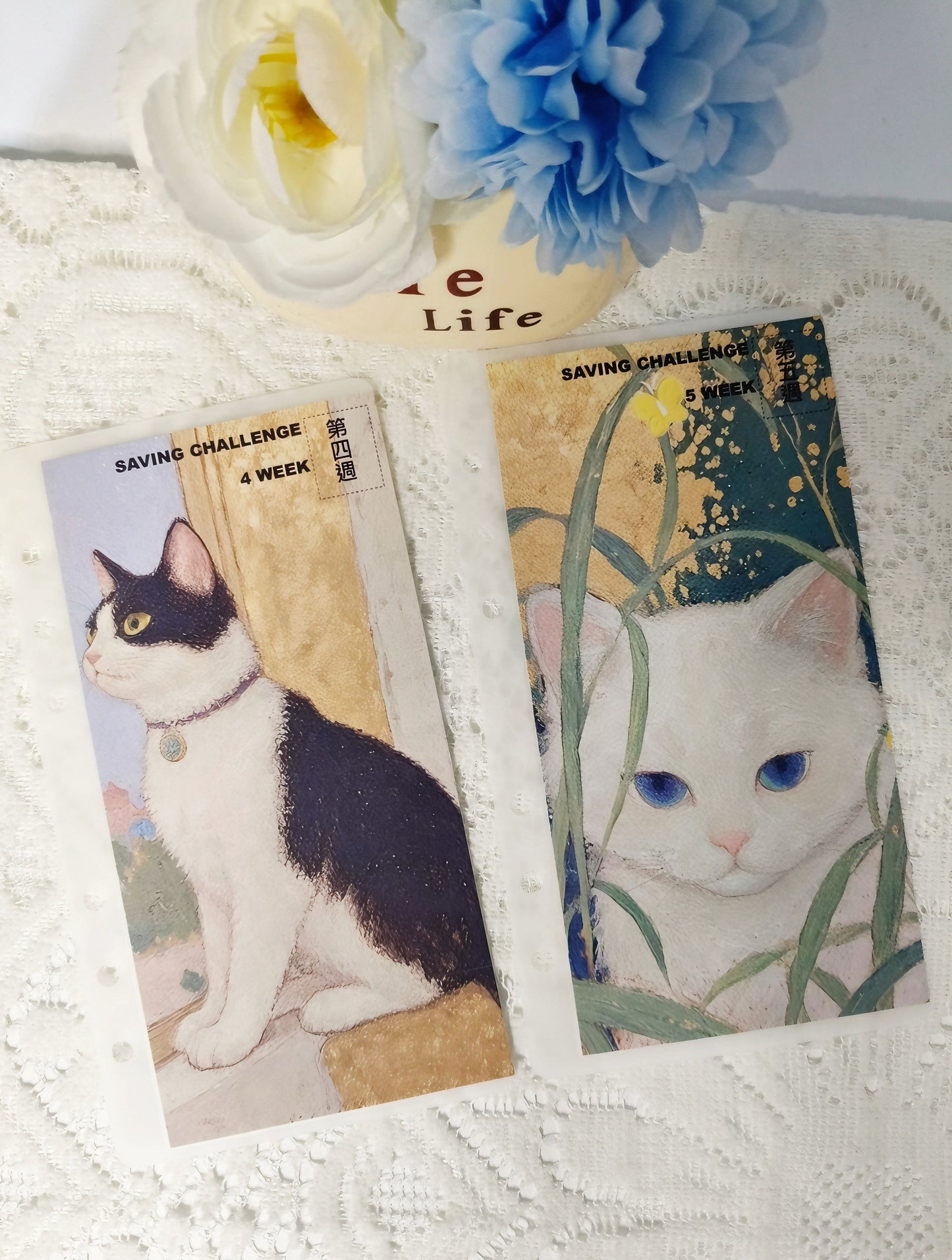 고양이 테마의 주간 돼지 저금통 (A6 사이즈, 구멍 뚫린 디자인)