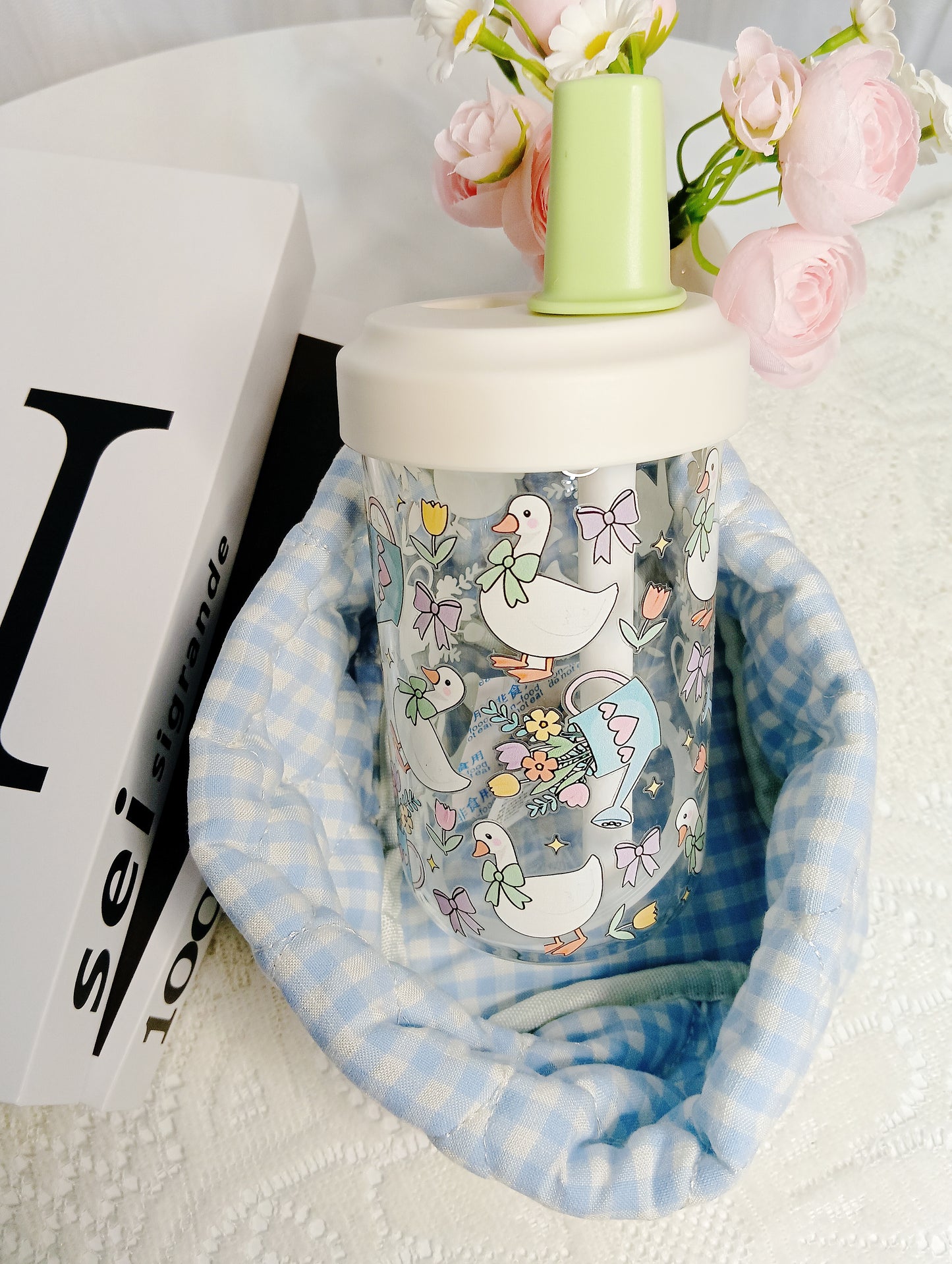 🌼High borosilicate garden duck straw glass cup｜Refreshing & soothing water cup🌼