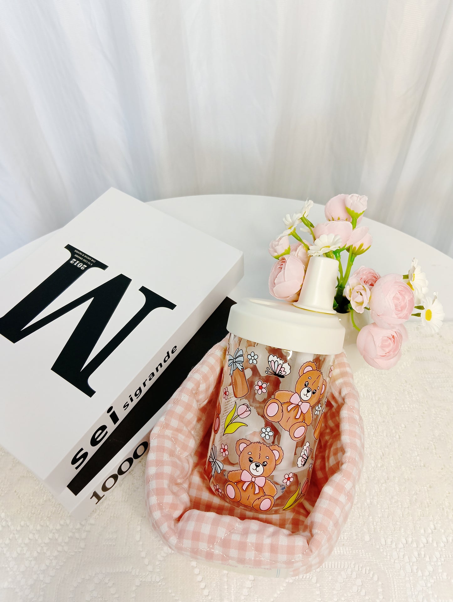 🧸High borosilicate pastel pink bear straw glass cup｜Sweet girly everyday cup🧸