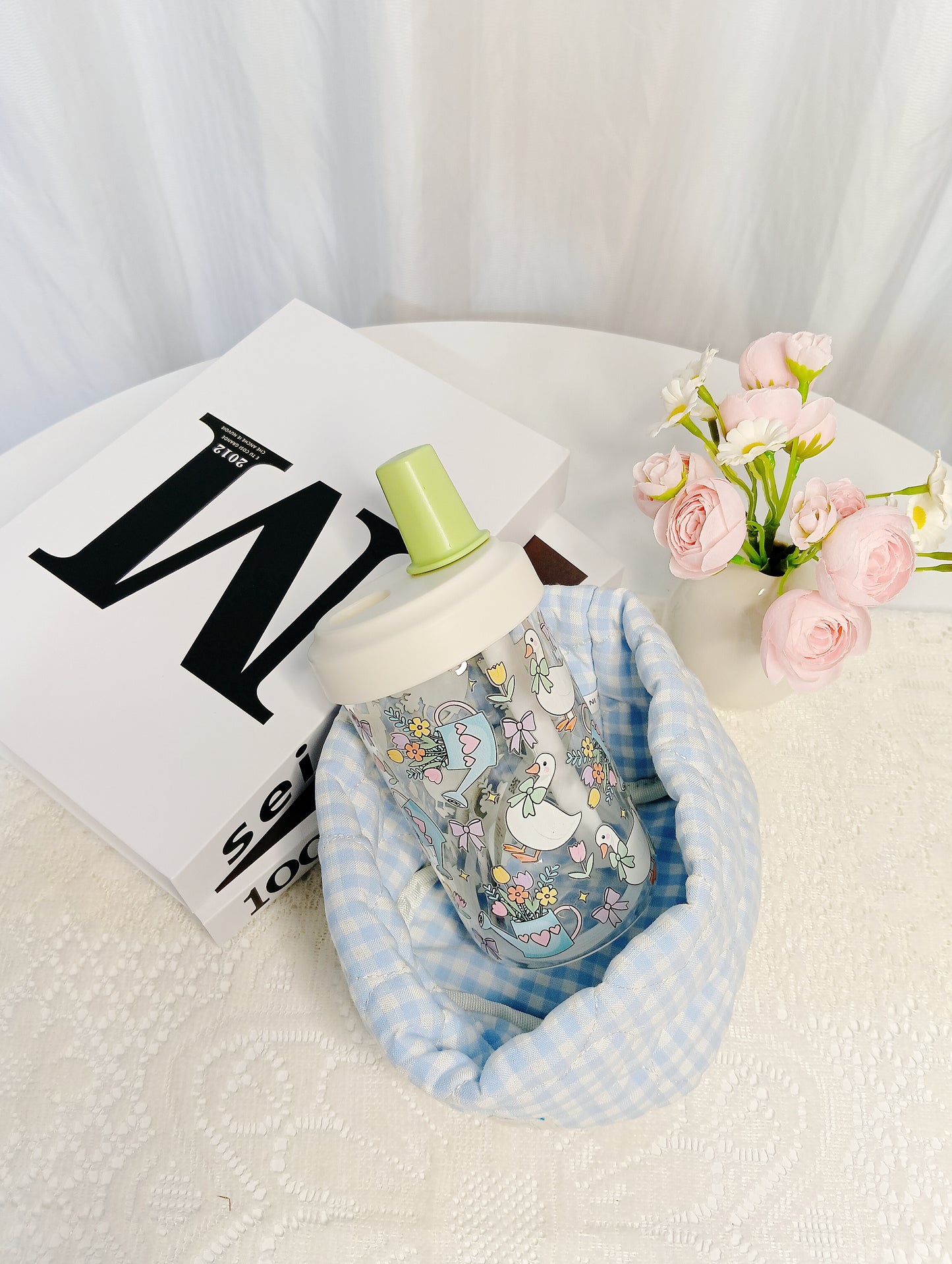🌼High borosilicate garden duck straw glass cup｜Refreshing & soothing water cup🌼