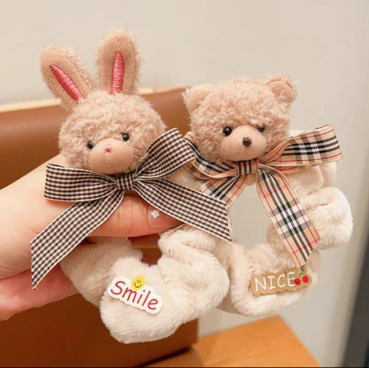 🎀 兔兔＆熊熊可愛毛絨蝴蝶結髮圈