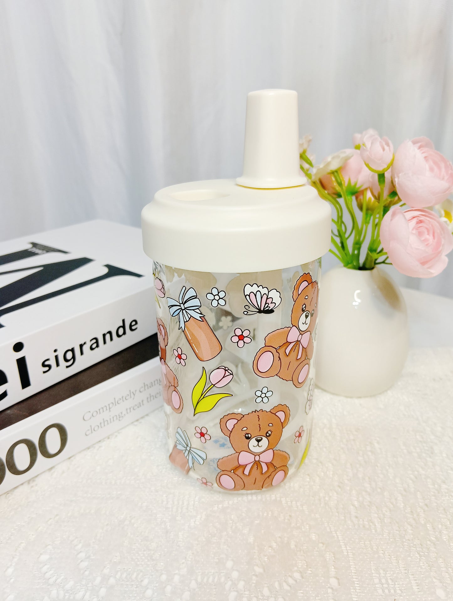 🧸High borosilicate pastel pink bear straw glass cup｜Sweet girly everyday cup🧸