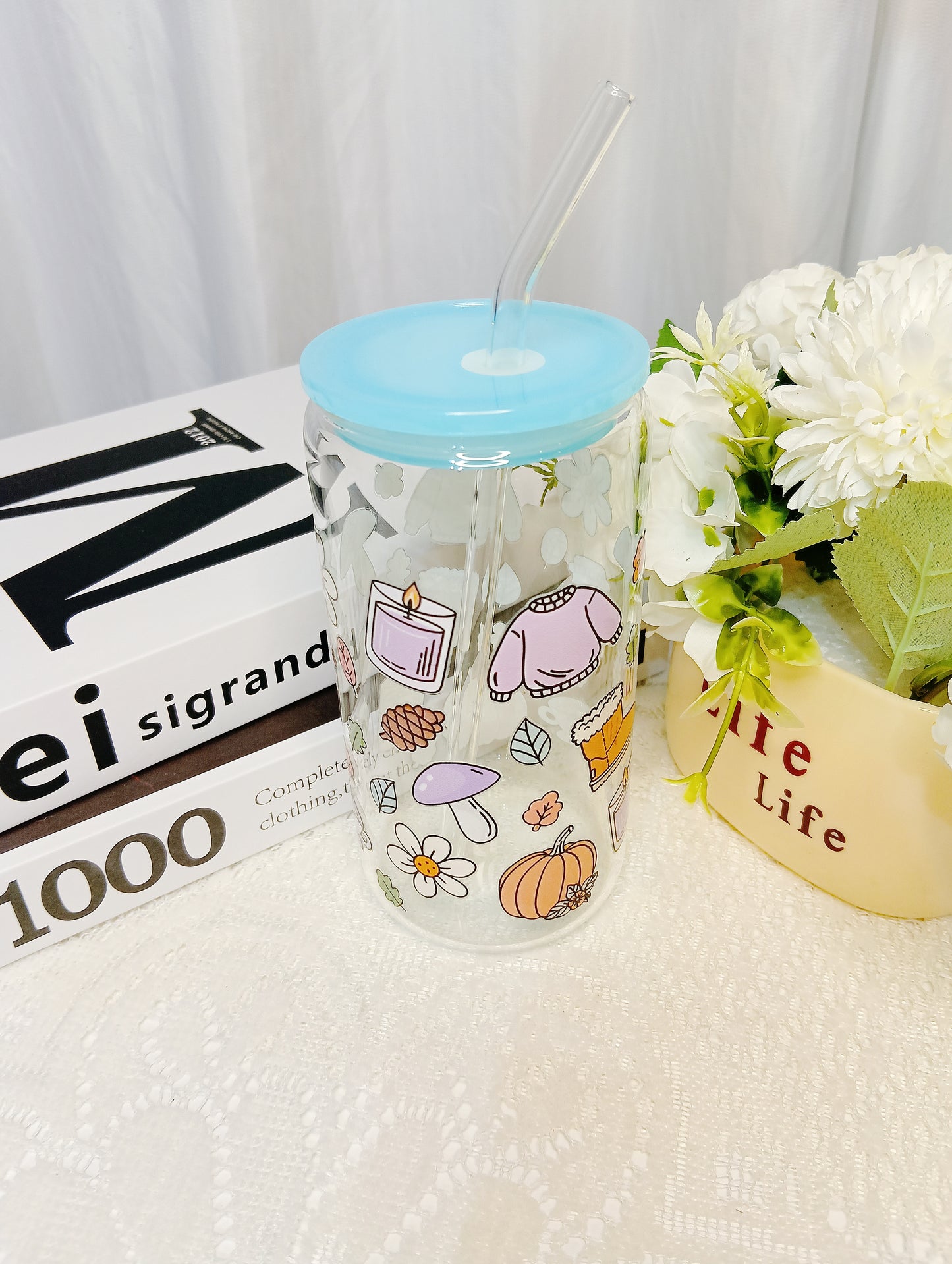 🍂 Autumn-soothing high-borosilicate glass straw cup | Small-item illustration design 🍂