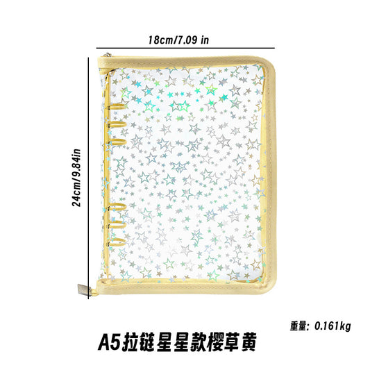 韓國INS風A5閃閃星星拉鍊活頁本（黃）