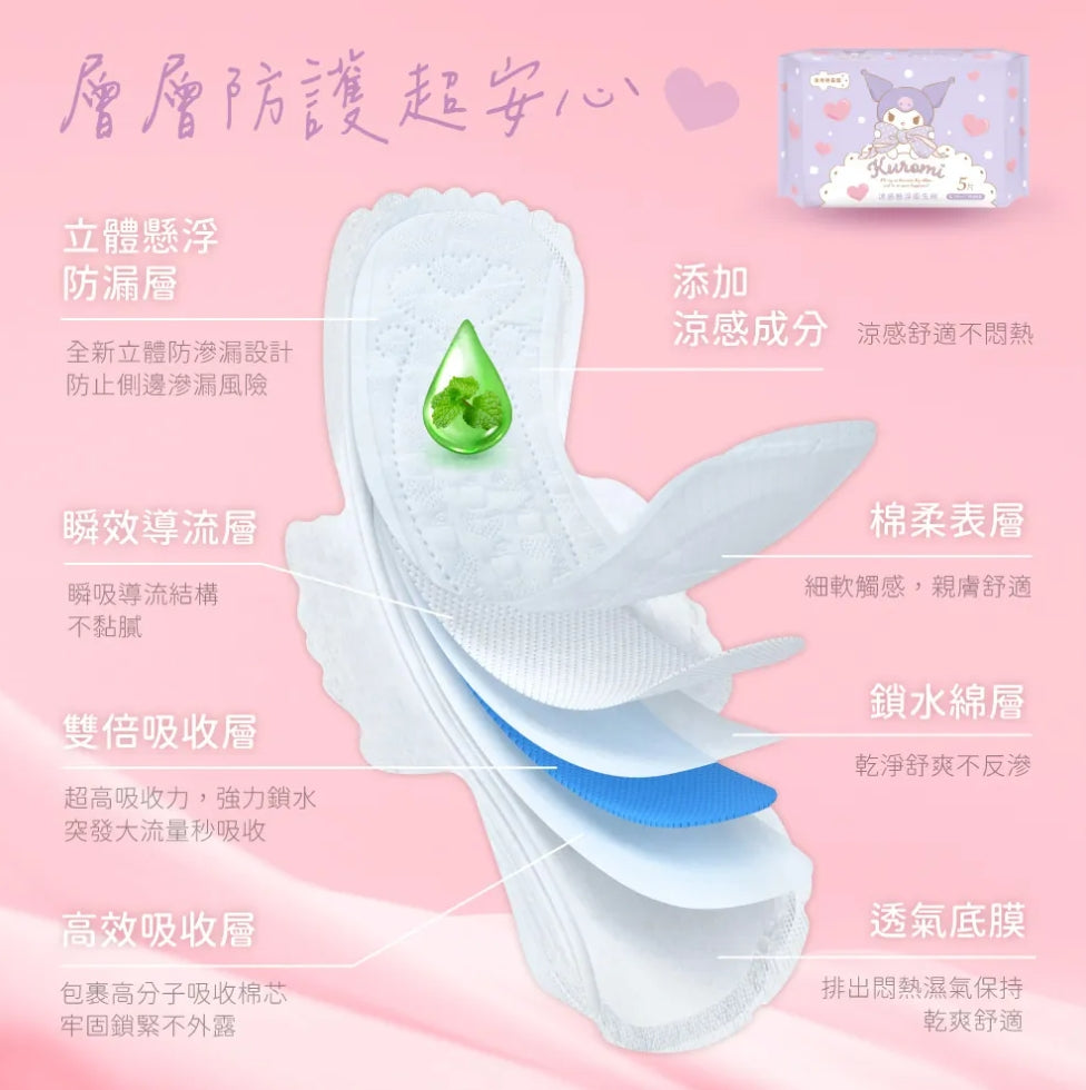 【酷洛米 】涼感懸浮衛生棉夜用34cm*5片