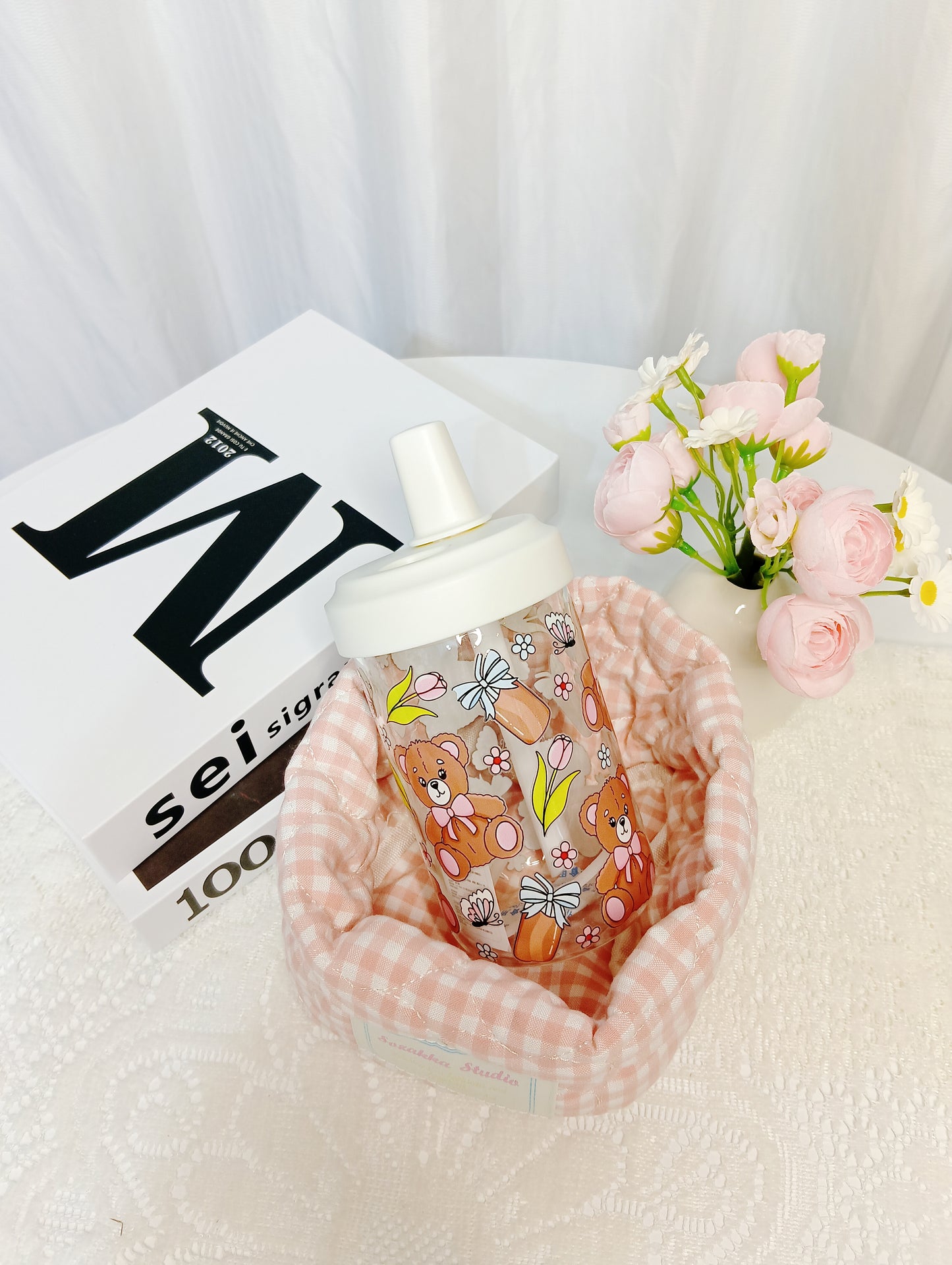 🧸High borosilicate pastel pink bear straw glass cup｜Sweet girly everyday cup🧸