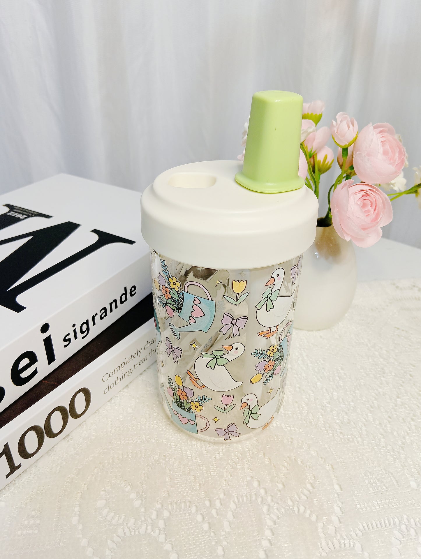🌼High borosilicate garden duck straw glass cup｜Refreshing & soothing water cup🌼