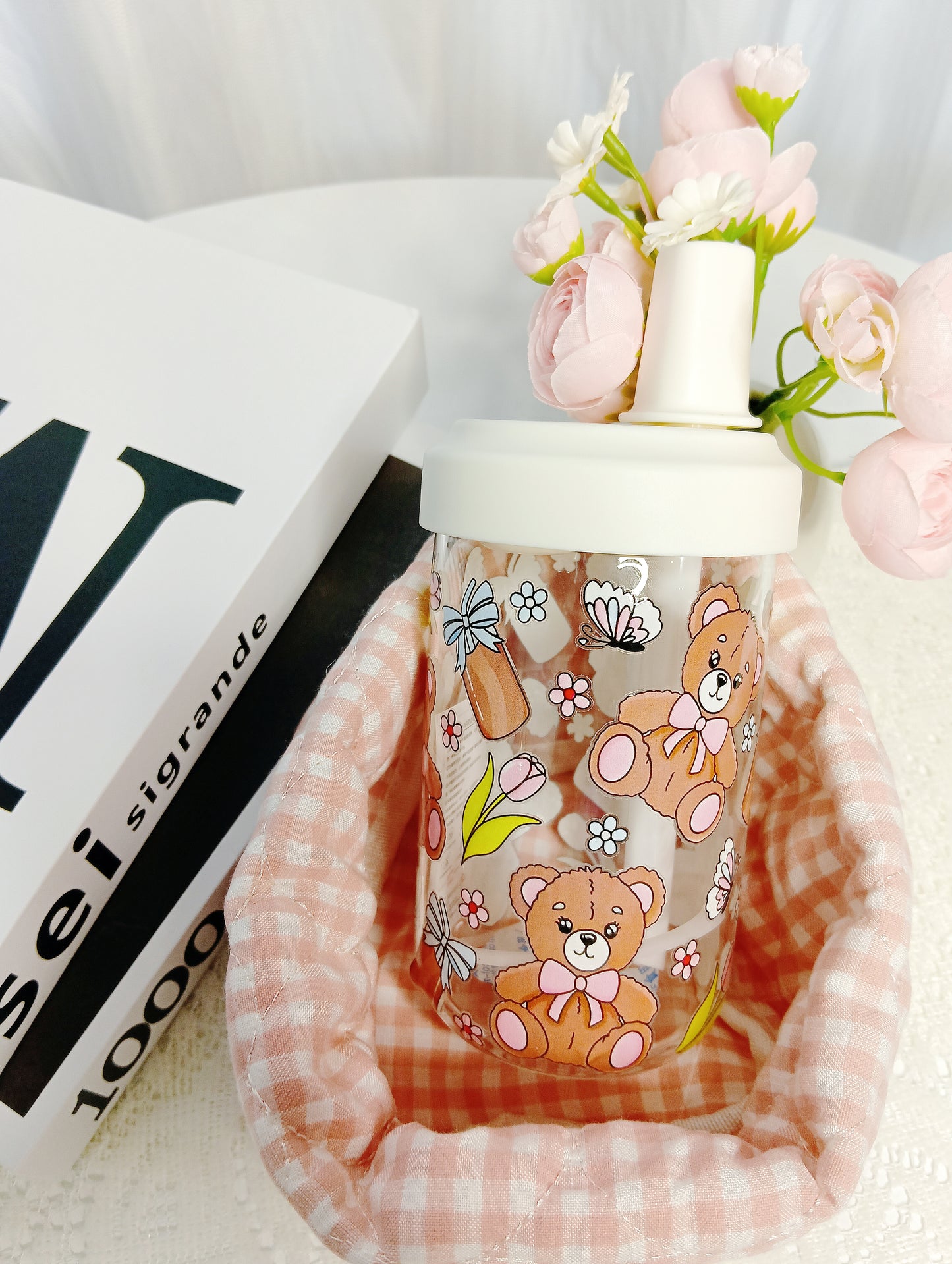 🧸High borosilicate pastel pink bear straw glass cup｜Sweet girly everyday cup🧸